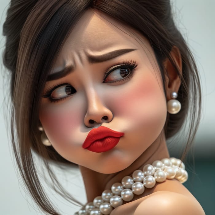 Amusing Thai Woman Staring with Red Lipstick and Pearl Necklace