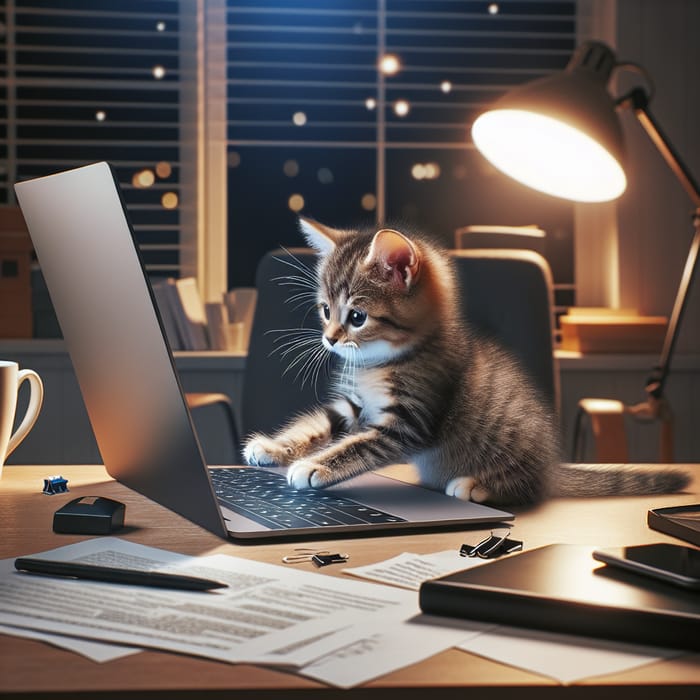 Cute Tabby Cat Coding on Laptop