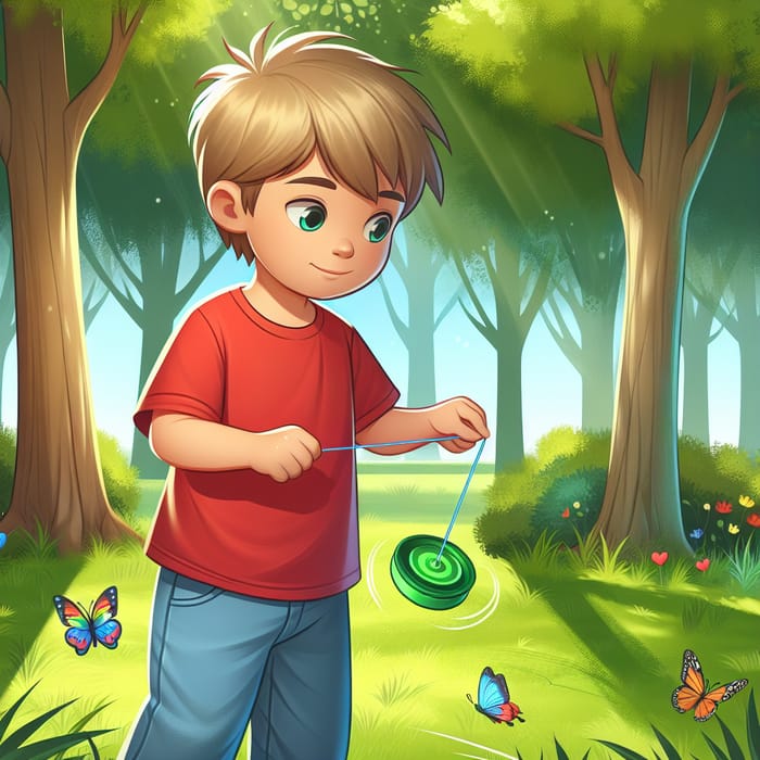 Charming Young Boy with Green Yo-Yo in the Park
