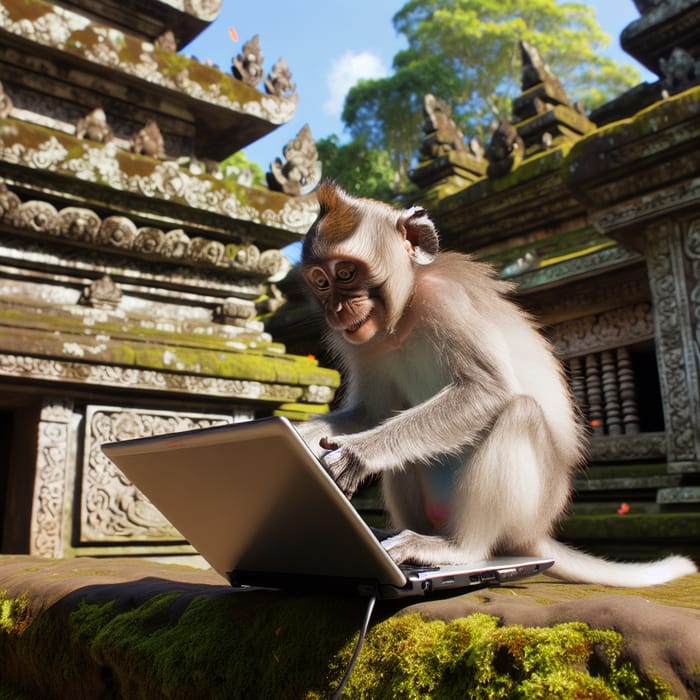 Curious Monkey on Temple Ledge Operating Laptop