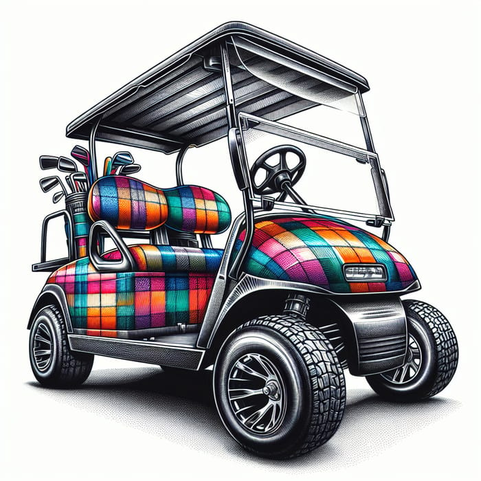 Intricately Drawn Plaid-Patterned Golf Cart Art