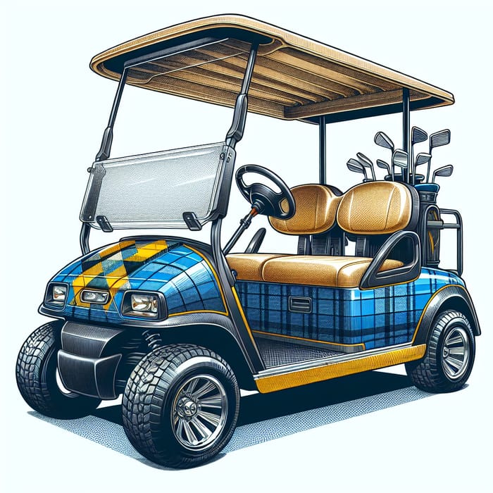 Hand-Drawn Plaid-Patterned 4 Passenger Golf Cart | Blue & Yellow Design