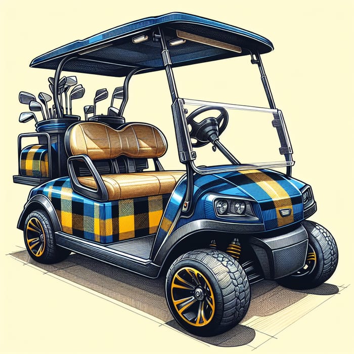 Hand-Drawn Blue & Yellow Plaid Golf Cart Sketch