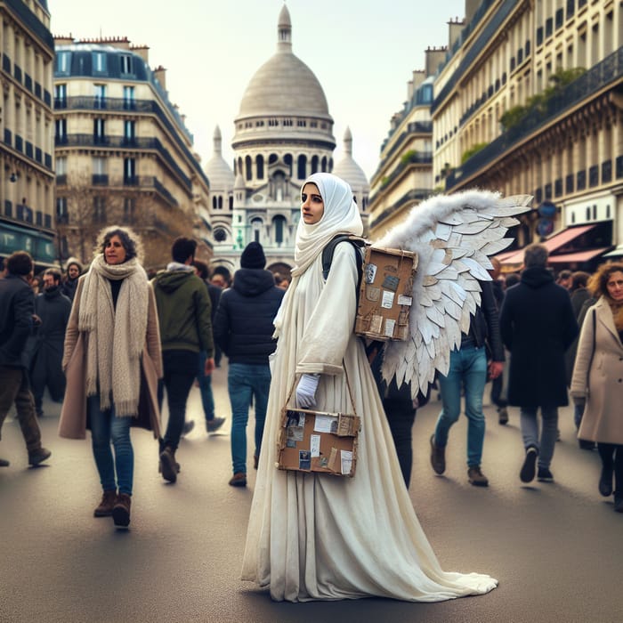 Unique Paris Street Image Featuring Angel with Cardboard Wings