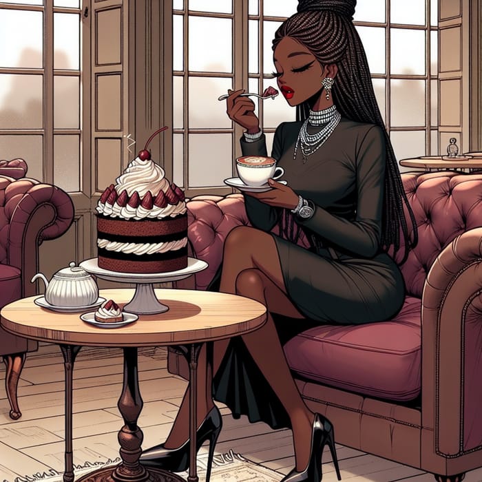 Stylish Black Girl with Long Braids Enjoying Cake in Korean Comic Cafe