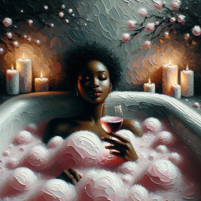 Tranquil Black Woman in Abstract Bathtub: Serenity and Wine