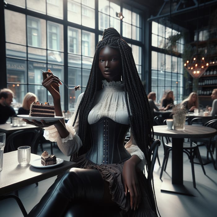 Stylish Black Girl with Long Braids Enjoying Cake in Fashionable Cafe