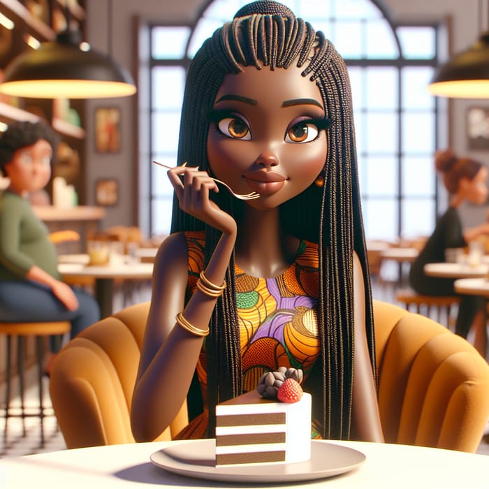 Stylish Animated Black Girl with Long Braids Enjoying Cake in Cafe