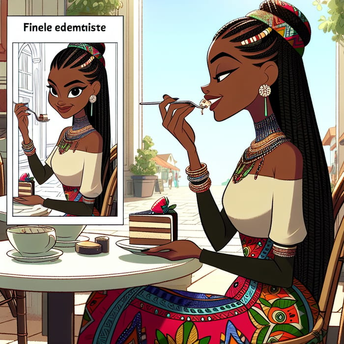 Stylish Black Girl with Long Braids Enjoying Cake in African-Inspired Fashion