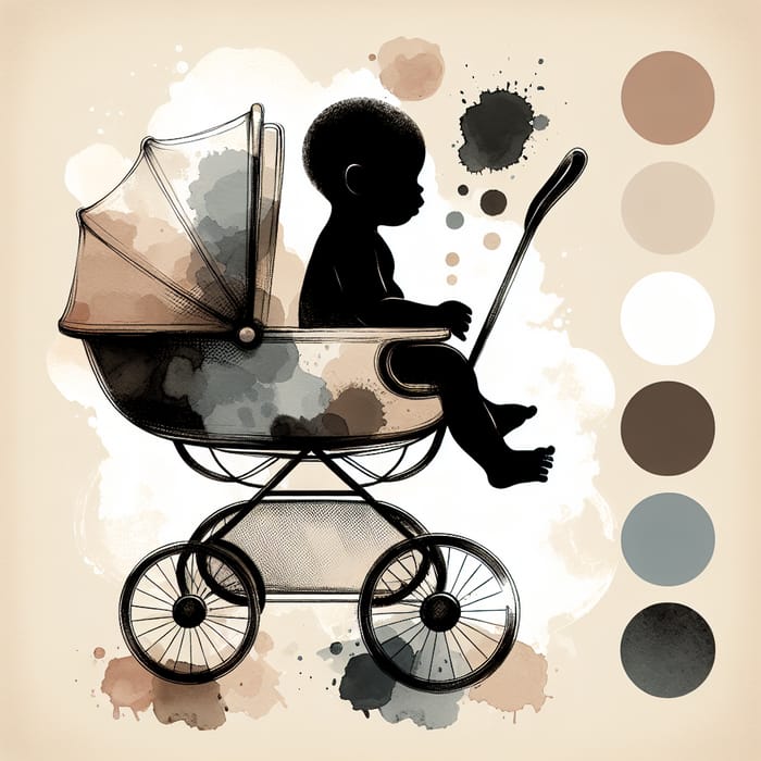 Abstract Watercolour Image of Black Baby in Stroller with Beige Palette