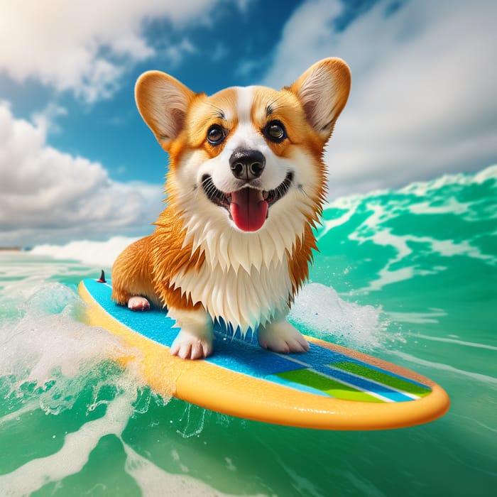 Adorable Corgi Surfing with Joy on Colorful Board