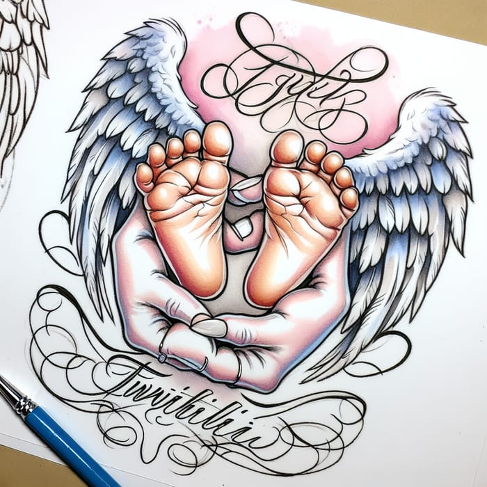 Sketch Watercolor Tattoo of Baby's Feet and Hands with Angel and 'Twiitschii' Design