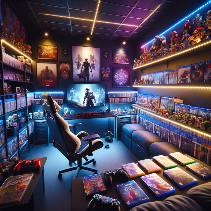 Ultimate Gamer's Paradise: Iconic Video Games, LED Lights & Swivel Chair