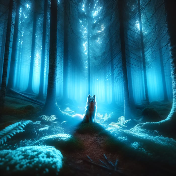 Dog in Forest Bathed in Blue Light