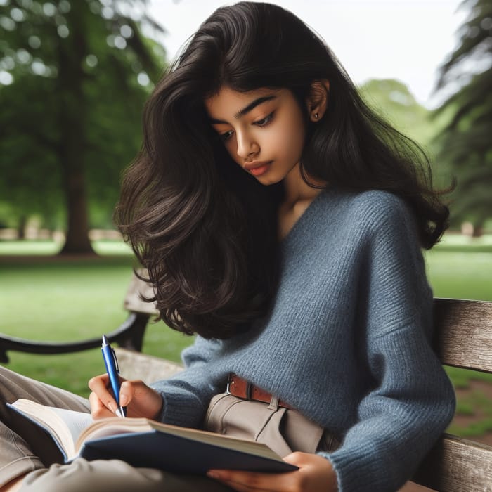 Young Girl Studying on Bench in Serene Setting
