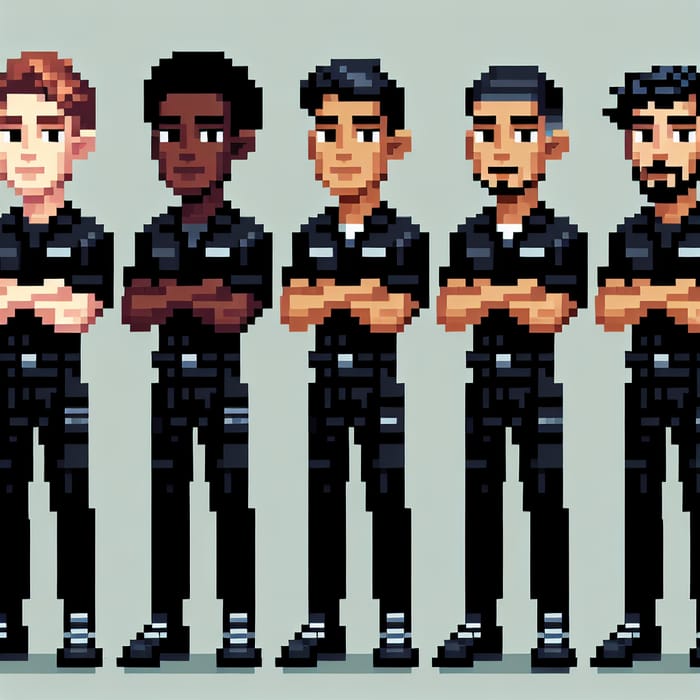 Pixel Art Style Image of 5 Male Workers in Black Outfits