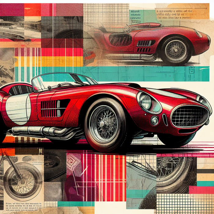 Retro Red Sport Car Collage Art | Vintage Classics