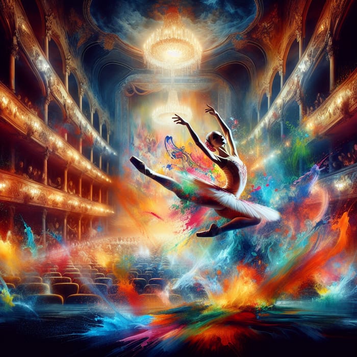 Vibrant Ballet Dancer Gracefully Leaping in Grand Theater