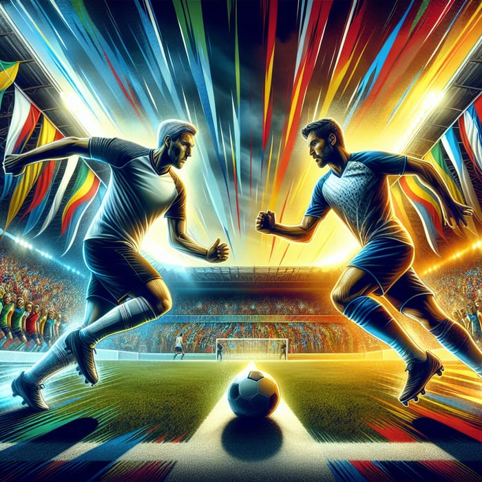 Vibrant Soccer Match: Intense Convergence of Male Players