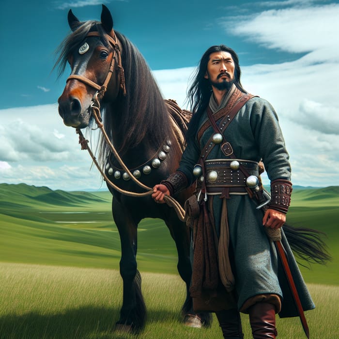 Mongolian Hero with Horse in Traditional Attire