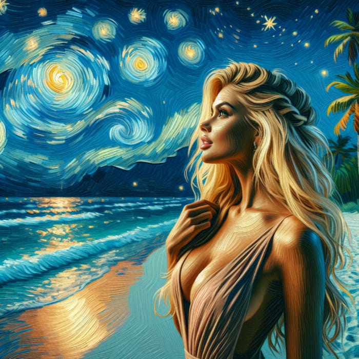 Van Gogh Style Tropical Beach with Stunning Blonde Woman