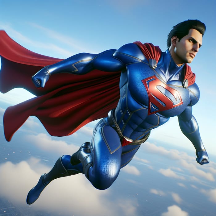 Superman's Heroic Flight in Blue Costume with Red Cape
