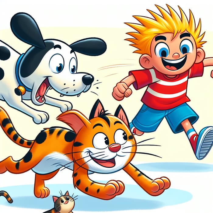 Chasing Dog, Cat, and Bart Simpson in Playful Scene