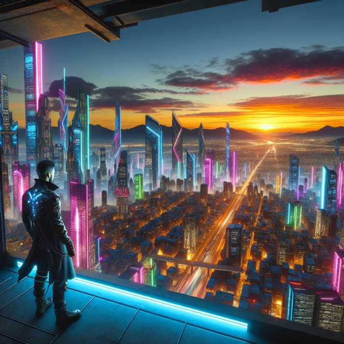 Neon Cyberpunk Cityscape at Sunset - Vibrant Futuristic Scene