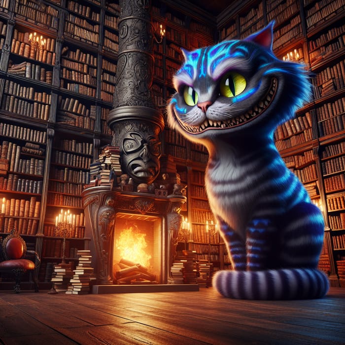 Cheshire Cat in Library Scene | Mystical and Enigmatic
