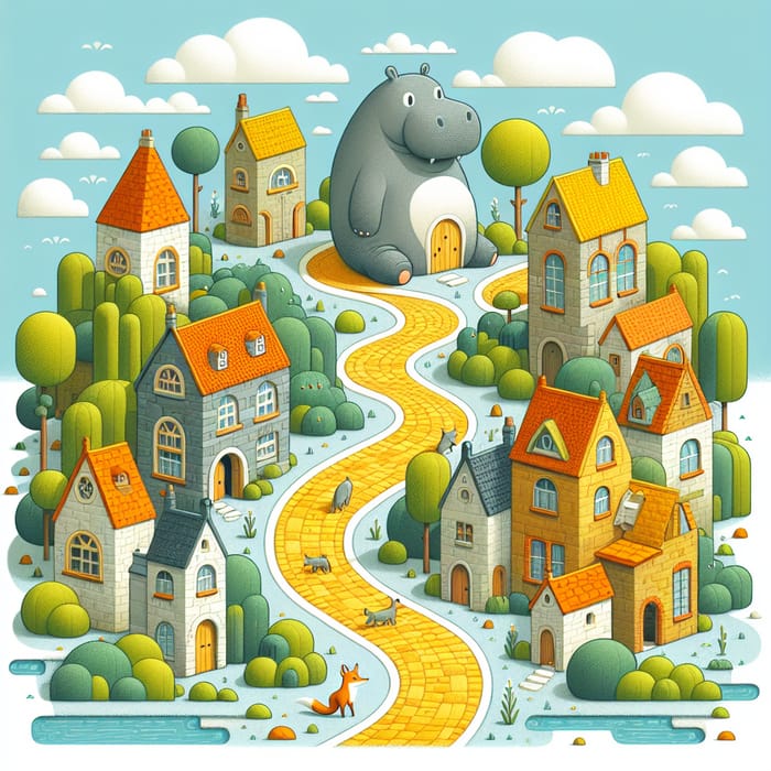Whimsical Village with Hippopotamus and Fox