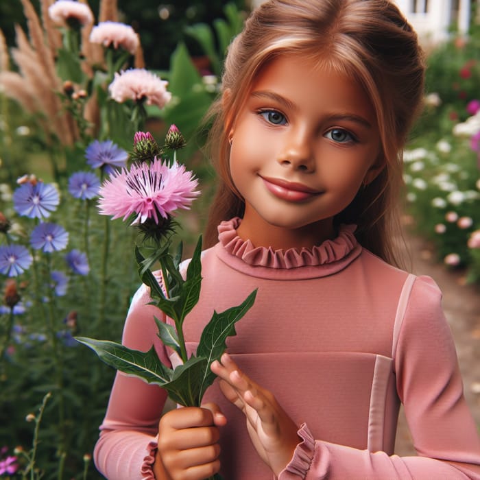 Radiant Girl Posing with Chicory Flower in Enchanting Garden Scene