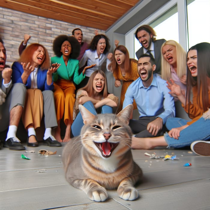 Laughing Cat with Angry People in Home Setting