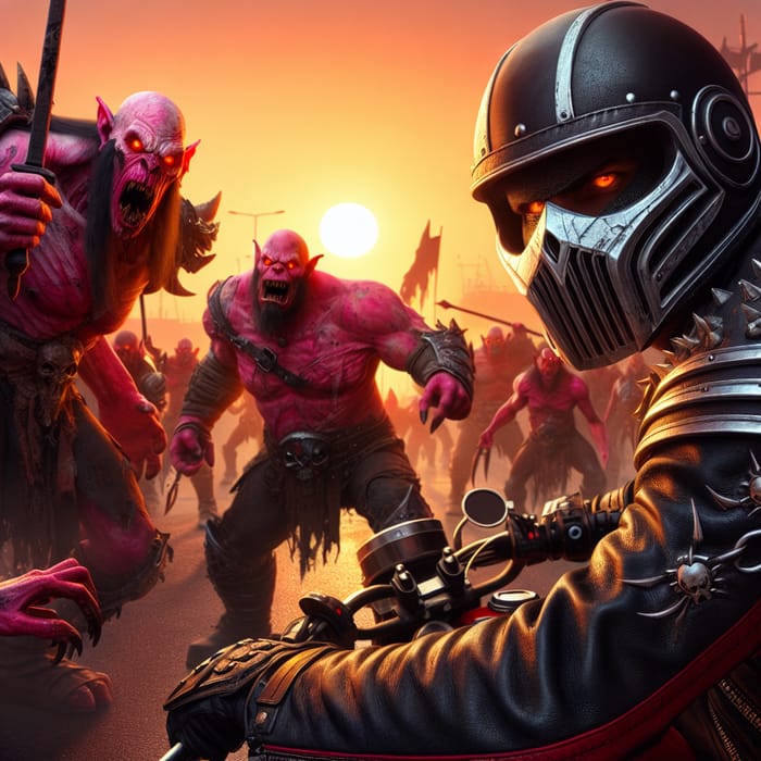 Biker Warrior Confronts Pink Orcs: Epic Sunset Battle