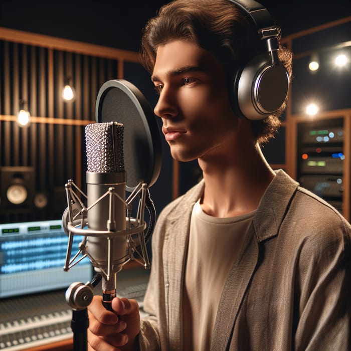 Professional Singer with Microphone in Recording Studio