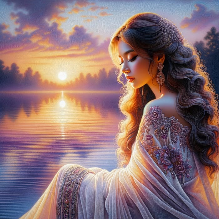Beautiful Woman by Lake at Sunset