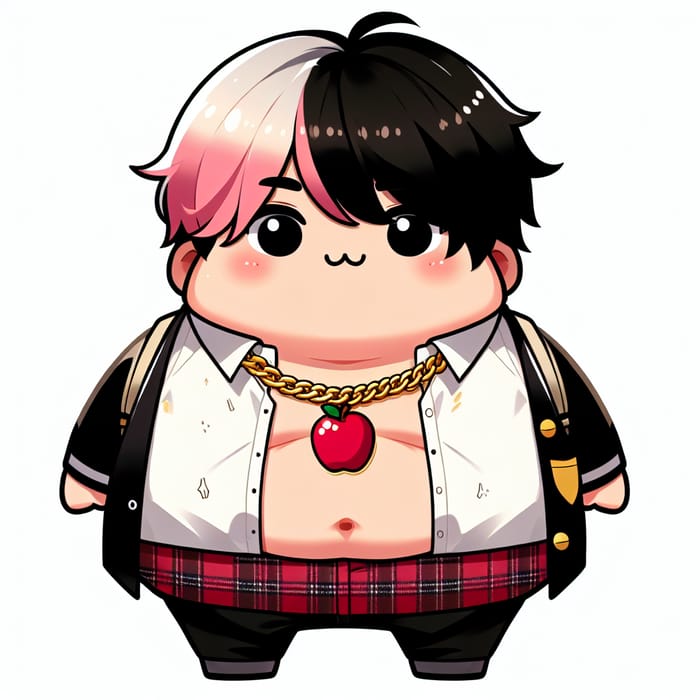 Anime-Style Overweight Character in Student Attire with Black & Pink Hair