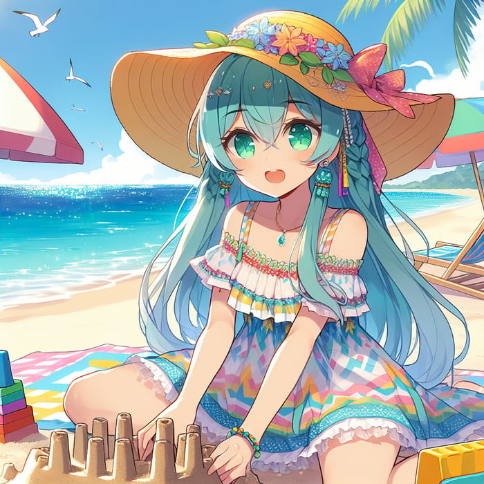Anime Girl Building Sand Castle on Colorful Tropical Beach