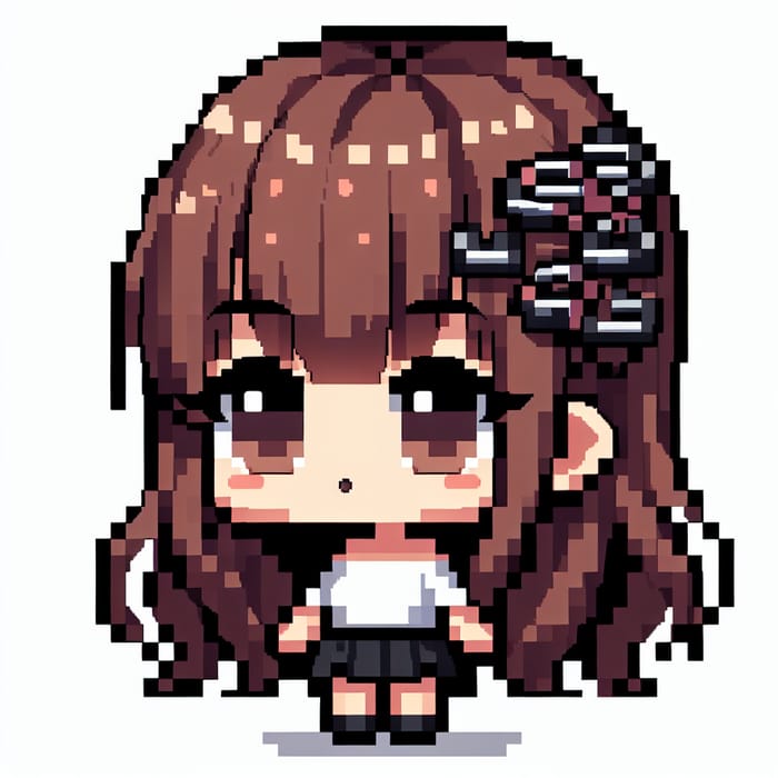 Cute Chibi-Style Pixel Art Girl with Brown Hair & Black Hair Pins