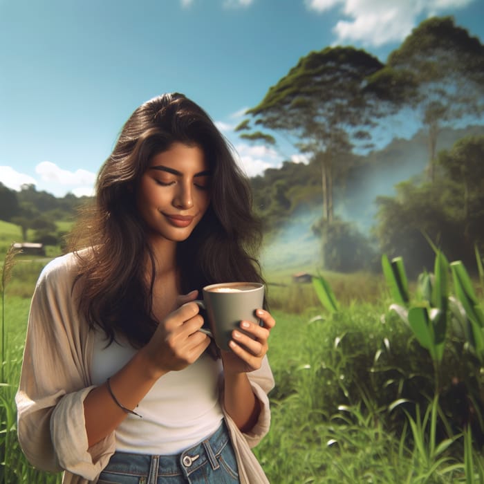 Serene Hispanic Woman Enjoying Coffee in Scenic Field