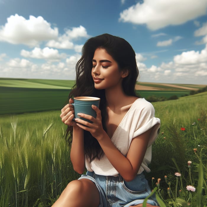Woman Enjoying Coffee in the Field | Serene and Peaceful Scene