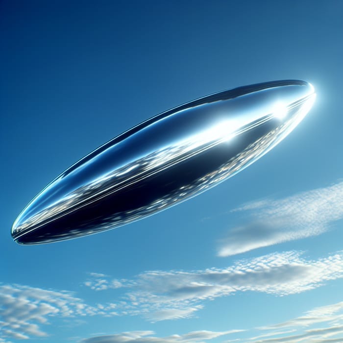 Mysterious Silvery Cigar-Shaped UFO Gliding in Clear Blue Sky