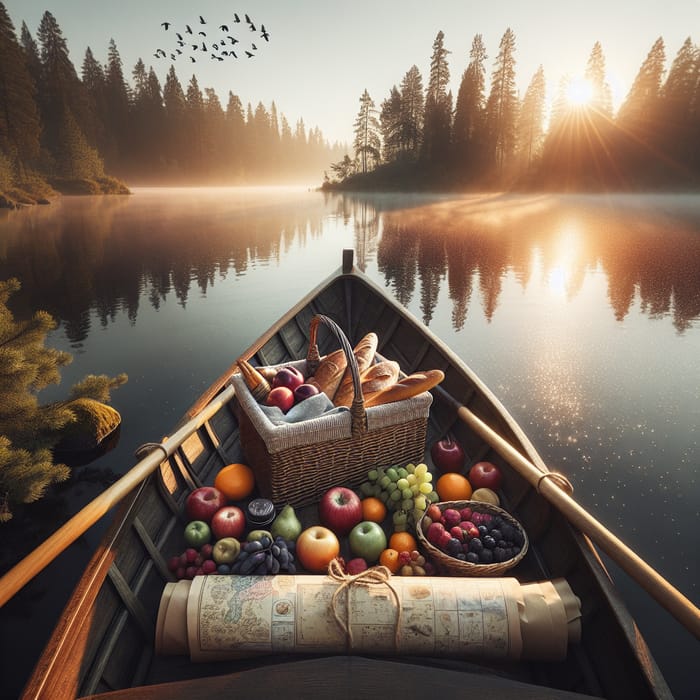 Tranquil Lake Sunrise with Fresh Fruits & Adventure Map