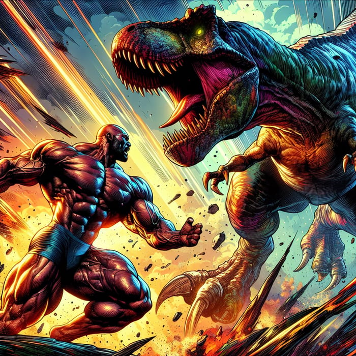 Intense Bodybuilder vs T-rex Showdown: Dynamic Comic Art Scene