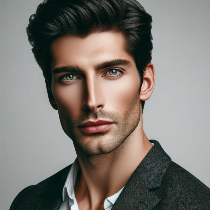 Confident Tall Caucasian Man with Green Eyes and Black Hair