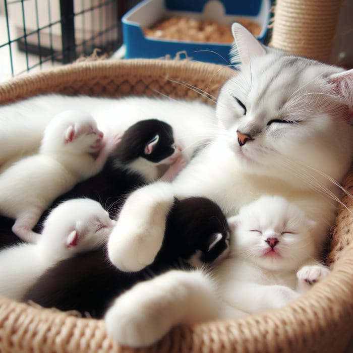 White Cat with her Kittens: Adorable Family Moments