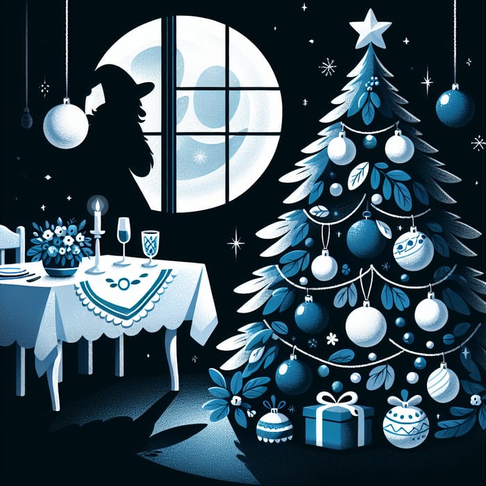 Blue and White Ornaments on Christmas Tree, Festive Table, Moonlit Window with Father Frost Shadow