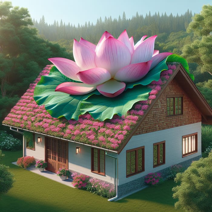 Serene Scene with Lotus Flower on House Roof