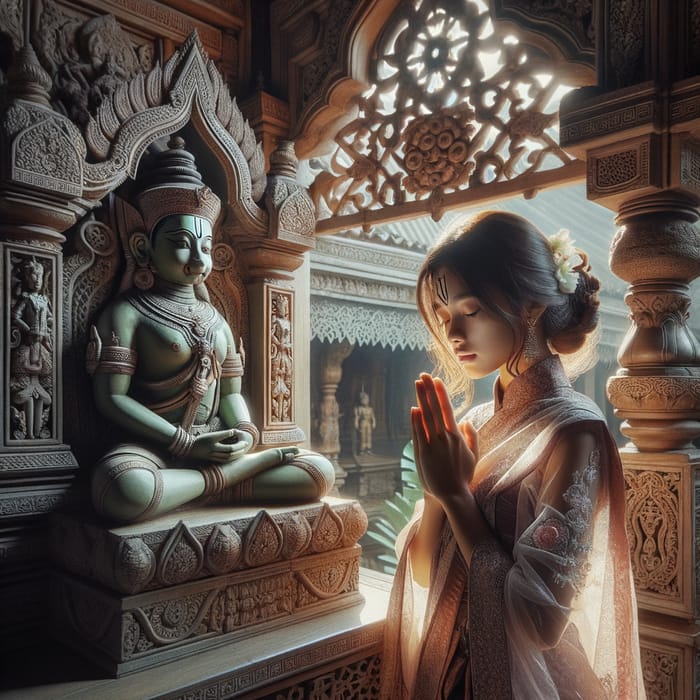 Devoted East Asian Girl Praying in Ornate Hanuman Temple