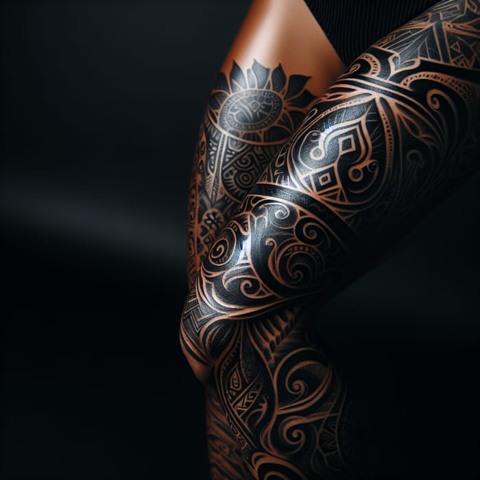 Dark Tribal Leg Tattoo for Women | Detailed Design