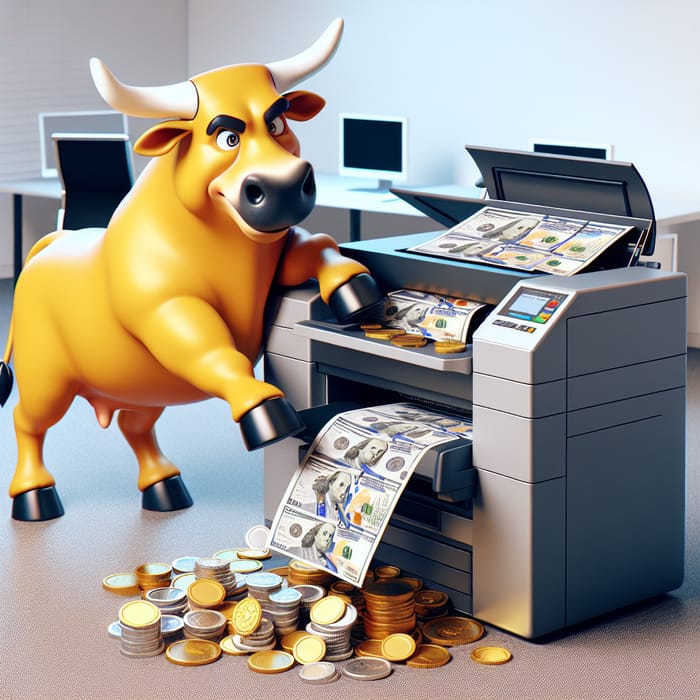 Vibrant Yellow Bull Printing Money in Modern Office